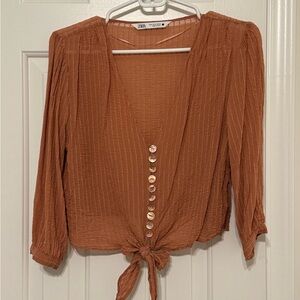 Zara Rust Button-Down Tie-Front Top